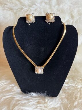 D’Orlan Gold Pearl Accent Necklace and Earring Set with Crystal Halo